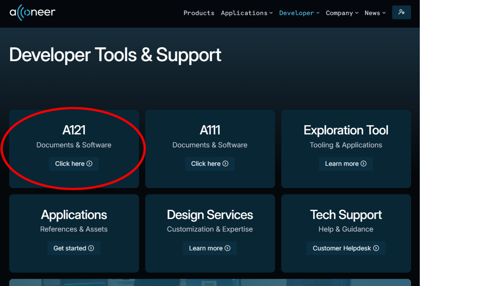 Figure 16: Acconeer website A121 selection screen