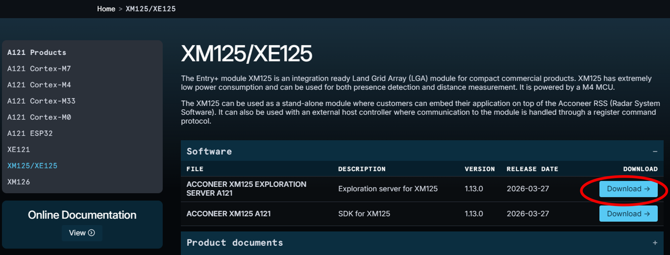 Figure 18: Acconeer website XM125/XE125 software selection screen