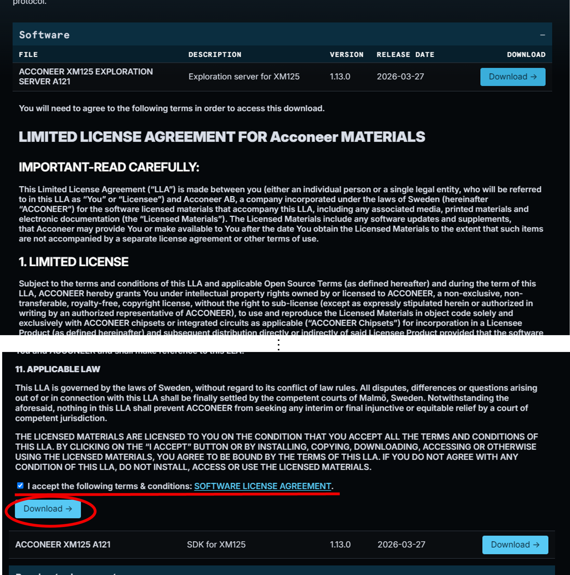 Figure 18: Acconeer website XM125/XE125 software selection screen