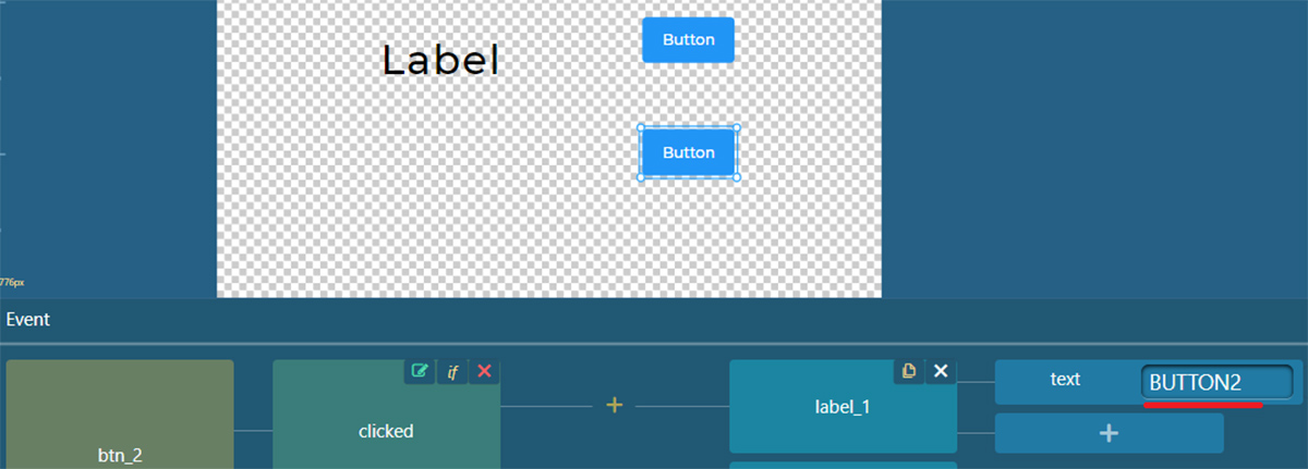 「10.同じように下ボタンに対して、押したときにlabel_1の内容が「BUTTON2」に変更されるようイベントを設定します。」：イメージ